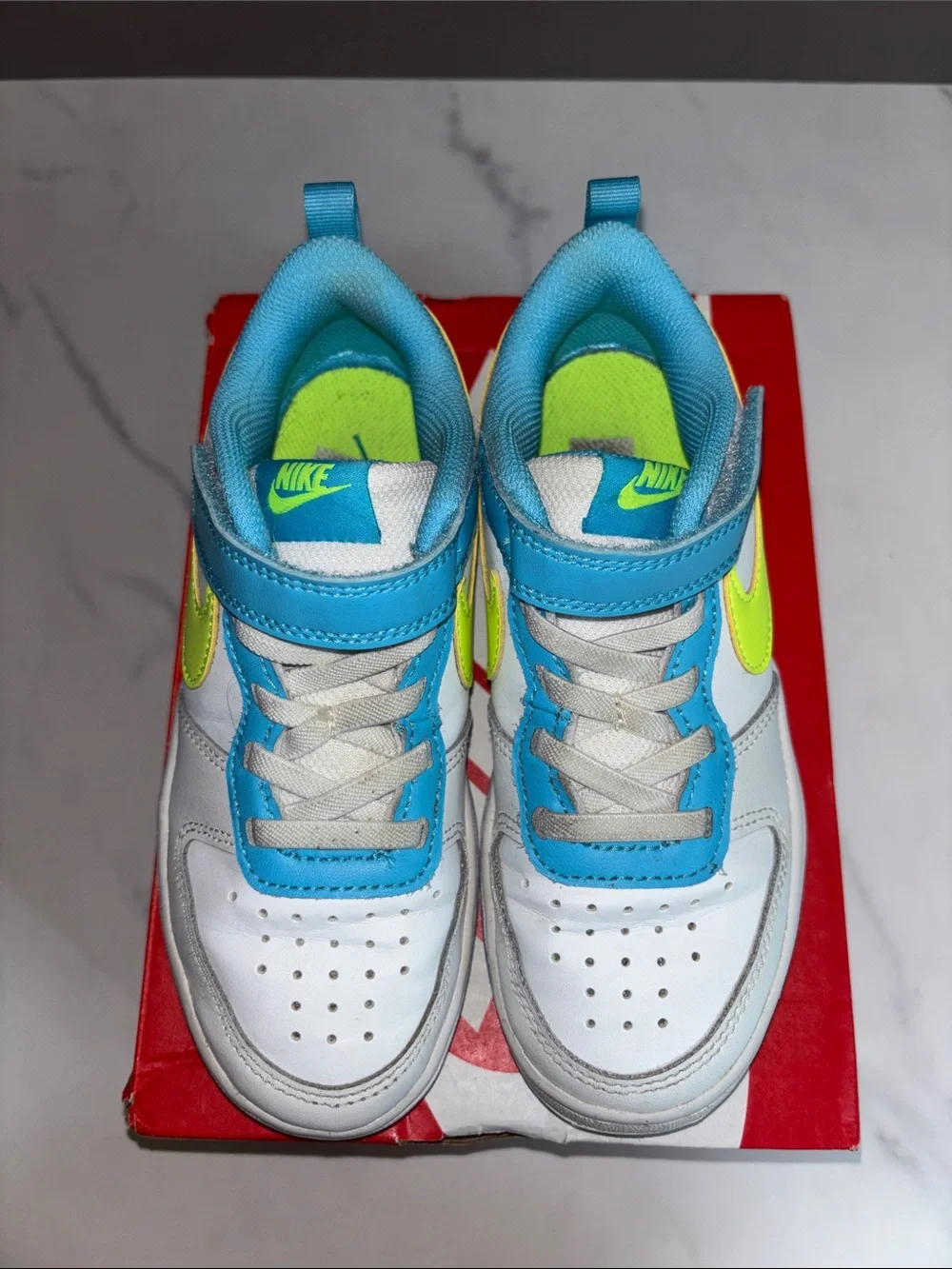 Nike Kids White Sneakers with Neon Yellow Swoosh & Light Blue Trim